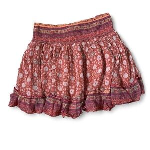 Anthropologie Tiered Floral Smocked Waist Mini Skirt Orange Pink Bohemian Size L